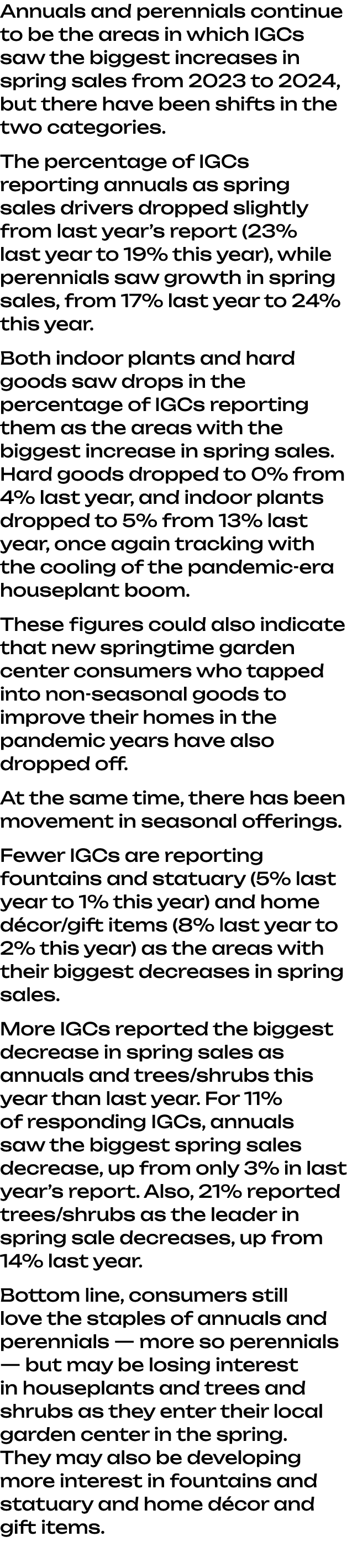 Annuals and perennials continue to be the areas in which IGCs saw the biggest increases in spring sales from 2023 to ...