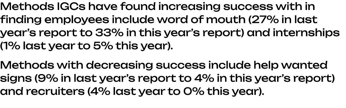 Methods IGCs have found increasing success with in finding employees include word of mouth (27% in last year’s report...