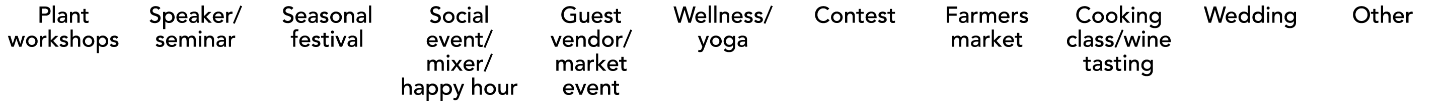 Plant workshops Speaker/seminar Seasonal festival Social event/mixer/happy hour Guest vendor/market event Wellness/yo...