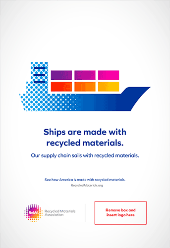 an illustration of a ship with cargo containers on it that says ships are made from recycled materials