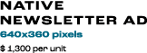 Native newsletter Ad 640x360 pixels $ 1,300 per unit
