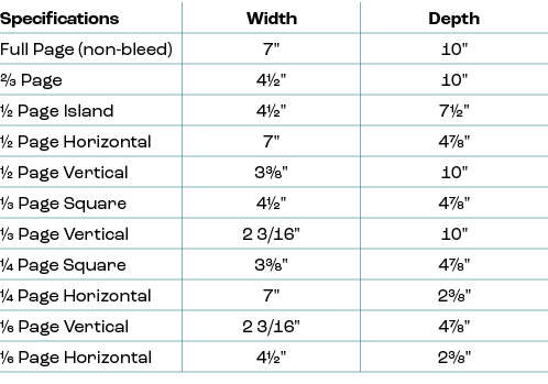 Specifications,Width,Depth,Full Page (non bleed),7\“,10\",⅔ Page,4½\",10\",½ Page Island,4½\",7½\",½ Page Horizontal,...