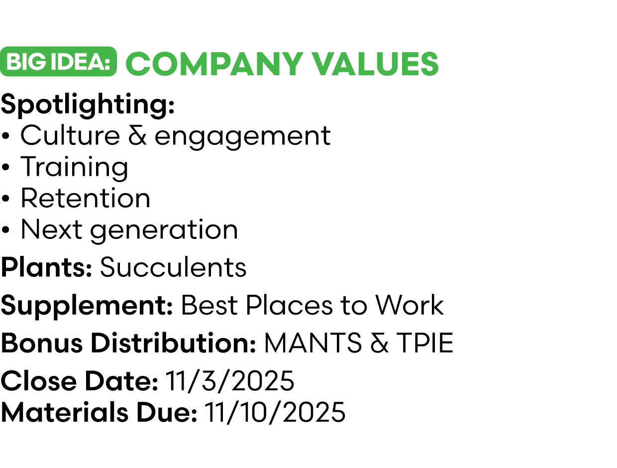 ￼ Company Values Spotlighting: • Culture & engagement • Training • Retention • Next generation Plants: Succulents Sup...
