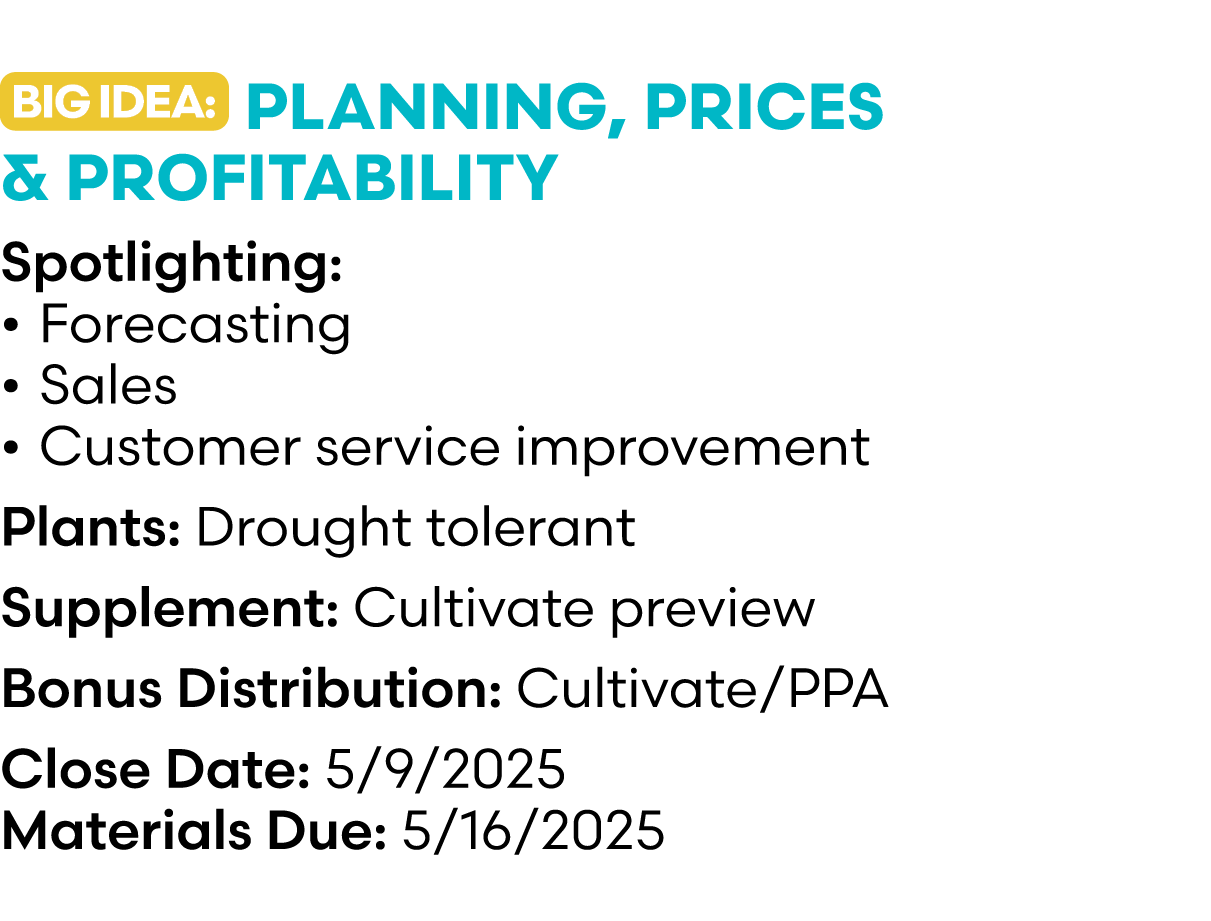 ￼ Planning, Prices & Profitability Spotlighting: • Forecasting • Sales • Customer service improvement Plants: Drought...