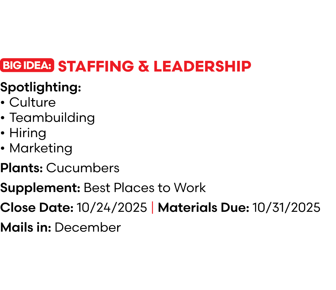 ￼ Staffing & Leadership Spotlighting: • Culture • Teambuilding • Hiring • Marketing Plants: Cucumbers Supplement: Bes...