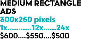 MEDIUM RECTANGLE ADs 300x250 pixels 1x...........12x......24x $600....$550 ....$500