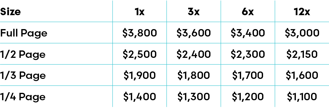 Size,1x,3x,6x,12x,Full Page,$3,800,$3,600,$3,400,$3,000,1/2 Page,$2,500,$2,400,$2,300,$2,150,1/3 Page,$1,900,$1,800,$...