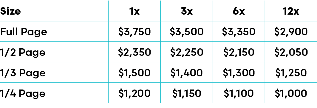 Size,1x,3x,6x,12x,Full Page,$3,750,$3,500,$3,350,$2,900,1/2 Page,$2,350,$2,250,$2,150,$2,050,1/3 Page,$1,500,$1,400,$...