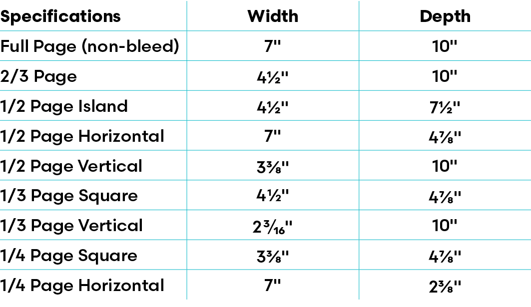 Specifications,Width,Depth,Full Page (non bleed),7\“,10\",2/3 Page,4½\",10\",1/2 Page Island,4½\",7½\",1/2 Page Horiz...