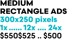 MEDIUM RECTANGLE ADs 300x250 pixels 1x 12x 24x $550 $525 $500