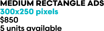 MEDIUM RECTANGLE ADs 300x250 pixels $850 5 units available