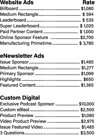 Website Ads                 Rate Billboard  $1,080 Medium Rectangle  $ 594 Leaderboard  $ 535 Super Leaderboard  $ 1...