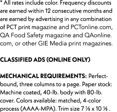 * All rates include color. Frequency discounts are earned within 12 consecutive months and are earned by advertising ...