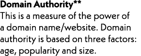 Domain Authority** This is a measure of the power of a domain name/website. Domain authority is based on three factor...