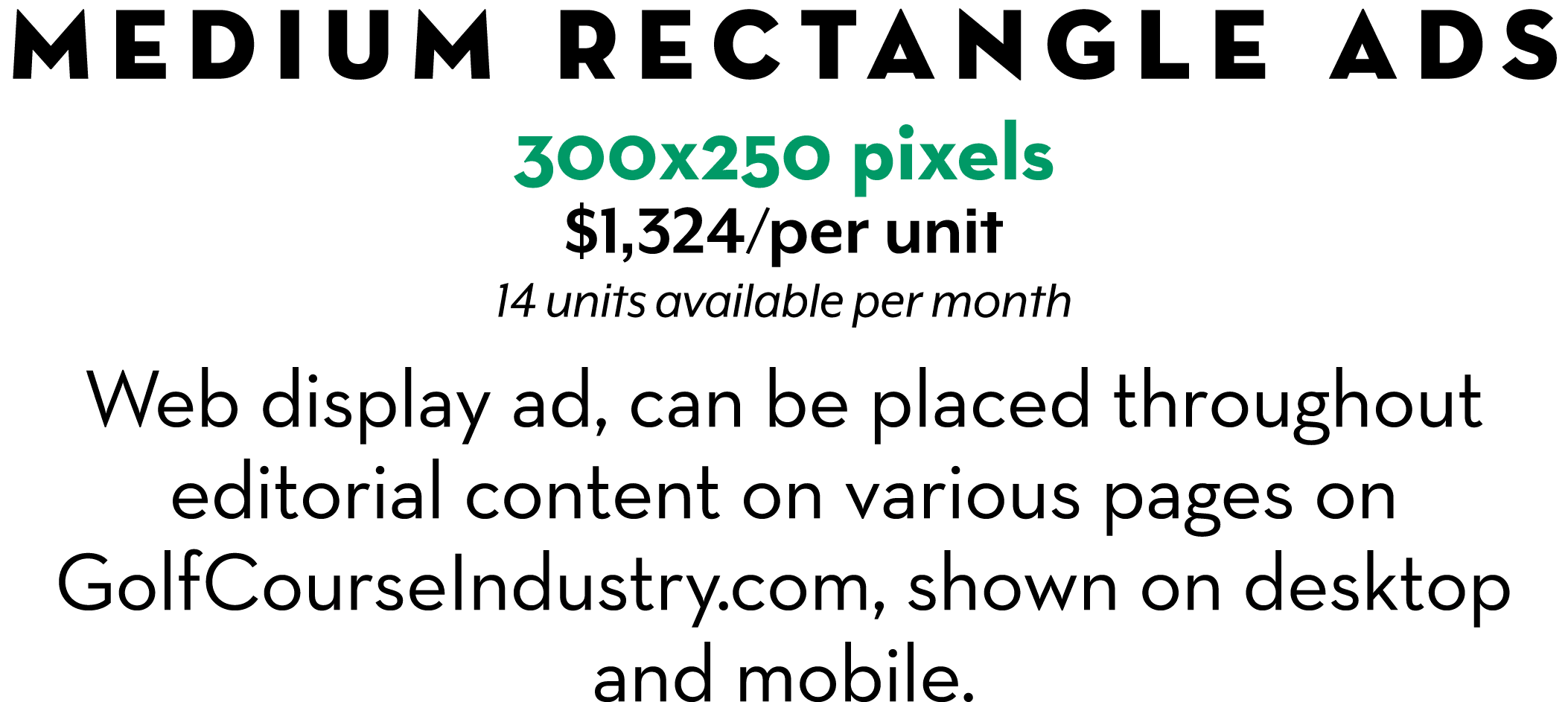 MEDIUM RECTANGLE ADs 300x250 pixels $1,324/per unit 14 units available per month Web display ad, can be placed throug...