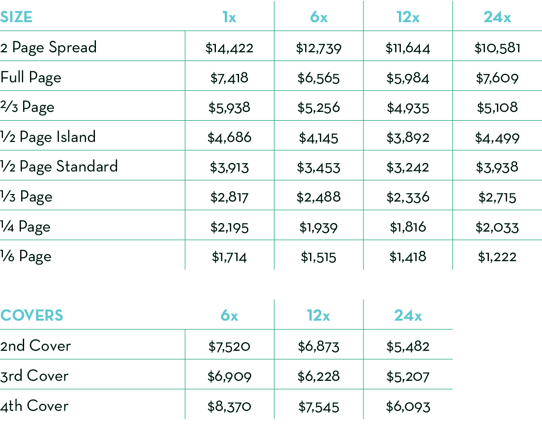 SIZE ,1x,6x,12x,24x,2 Page Spread,$14,422,$12,739,$11,644,$10,581,Full Page,$7,418,$6,565,$5,984,$7,609,2/3 Page,$5,9...