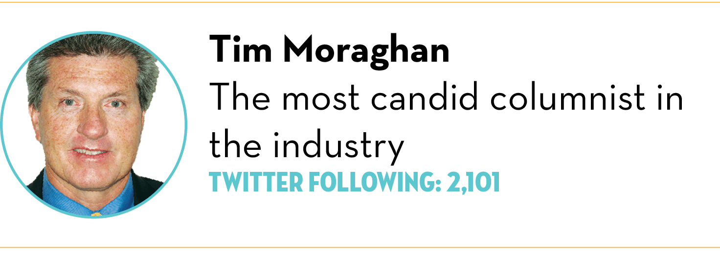  ,Tim Moraghan The most candid columnist in the industry Twitter Following: 2,101