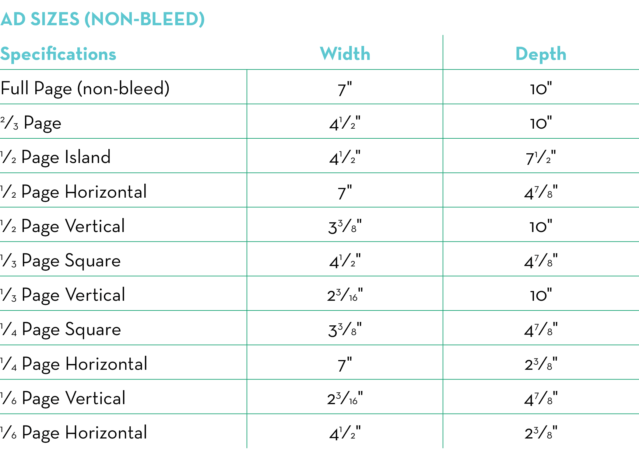 Ad Sizes (Non-Bleed),Specifications,Width,Depth,Full Page (non-bleed),7\“,10\",2⁄3 Page,41⁄2\",10\",1⁄2 Page Island,4...