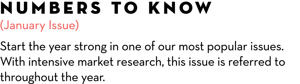 Numbers to Know (January Issue) Start the year strong in one of our most popular issues. With intensive market resear...